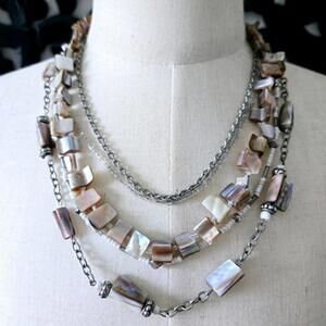 Mother of Pearl Shell Silver Tone Mutli Strand Beaded Necklace